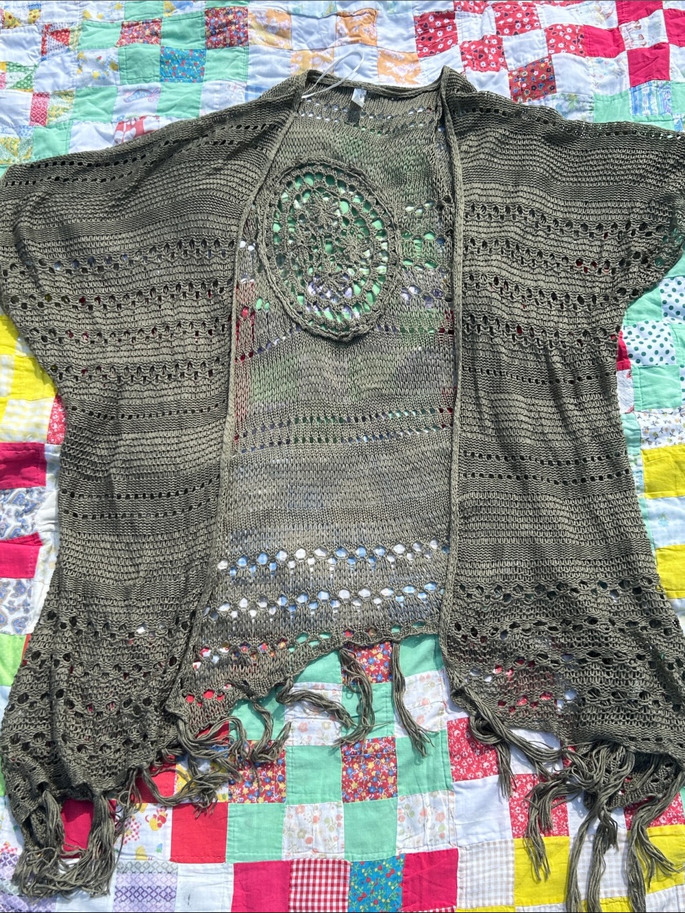 Xhilaration Olive Open-Knit Fringe Poncho Shrug